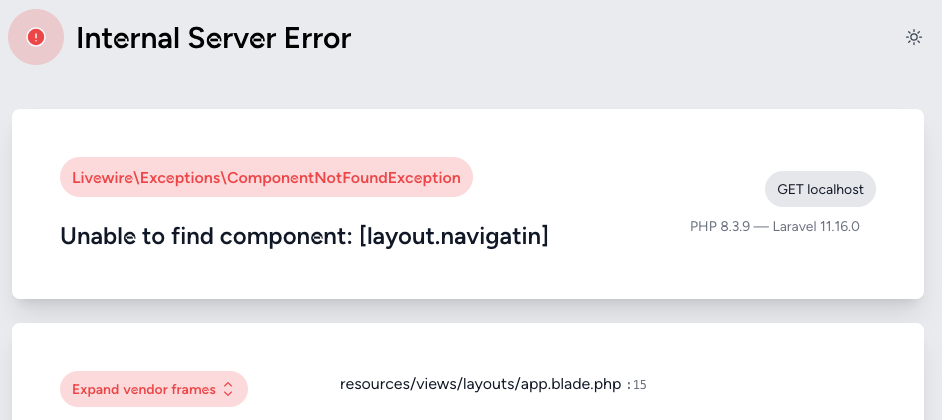 Screenshot of how Laravel renders an error or exception